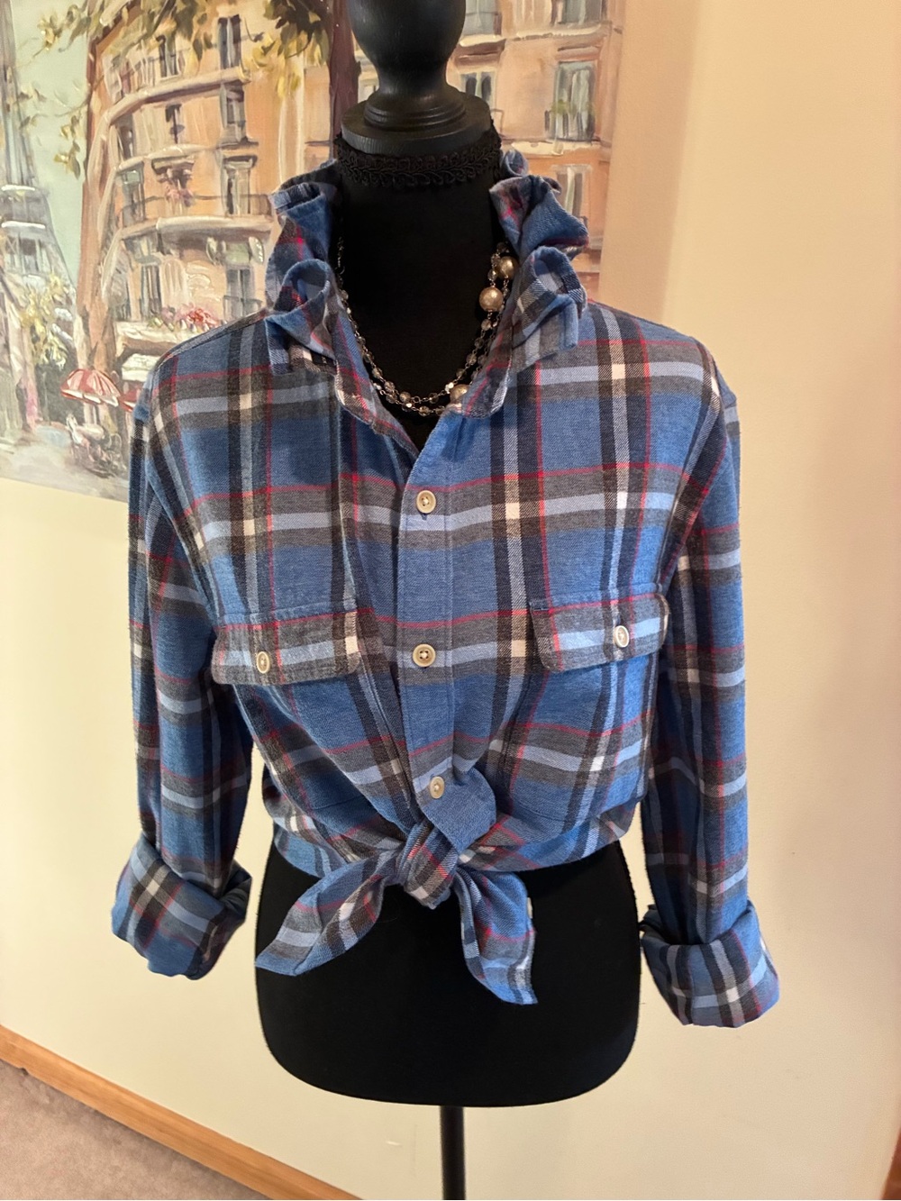 Lucky Brand Blue Plaid Button-Down Shirt with Red and Gray Accents